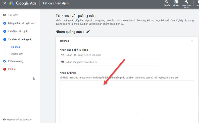 Thiết lập từ khóa Google ads