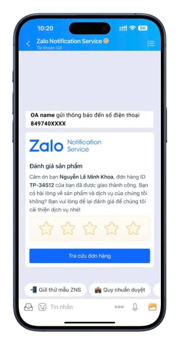 Gửi tin ZNS đánh giá chất lượng dịch vụ: Tăng review – Tăng uy tín