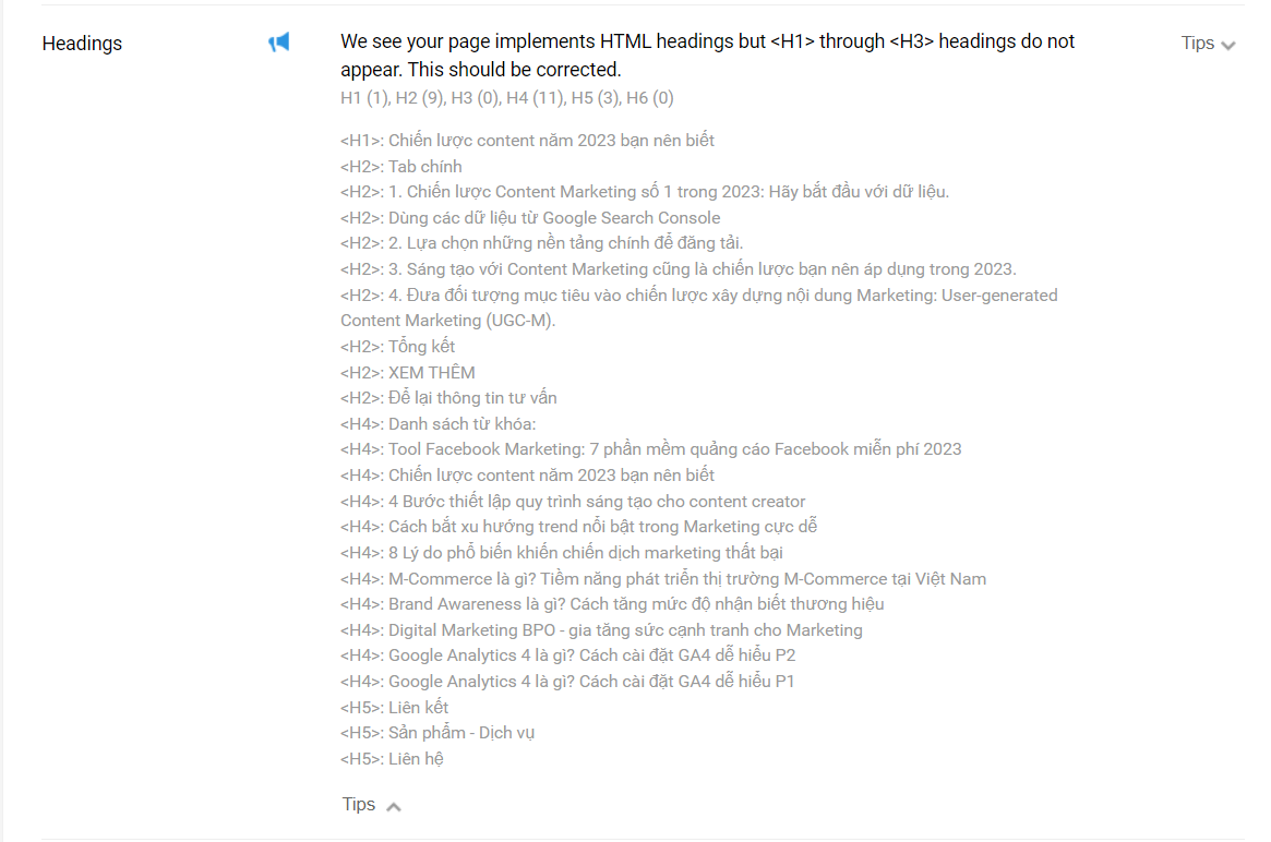 Cấu trúc bài viết với các thẻ Heading rõ ràng