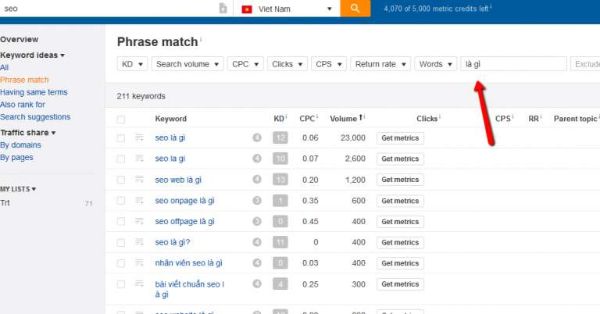 Thêm các cụm từ cần thiết để lọc ra những từ khóa liên quan