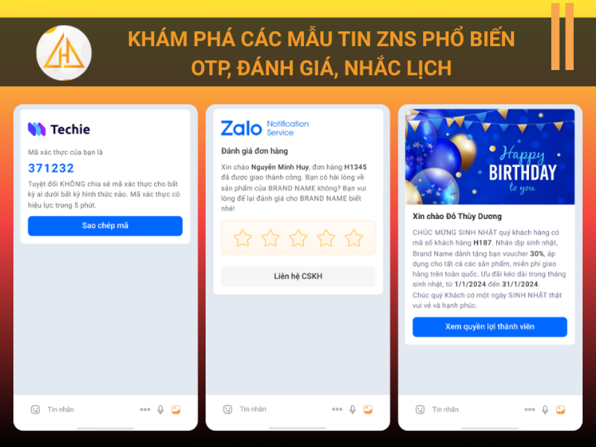 Khám phá các mẫu tin ZNS phổ biến: OTP, đánh giá, nhắc lịch