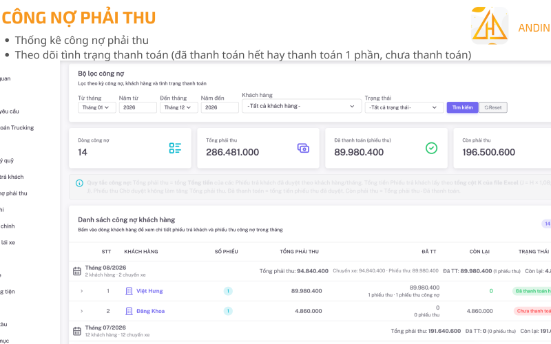 Quản Lý Công Nợ Theo Tháng Cho Công Ty Vận Tải