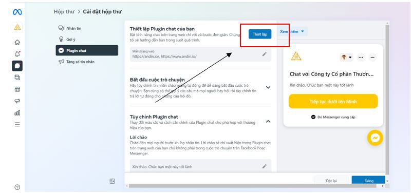 lấy mã nhúng - thiết lập chat