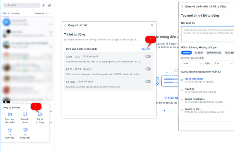 Tính năng tin nhắn tự động vào zalo business 